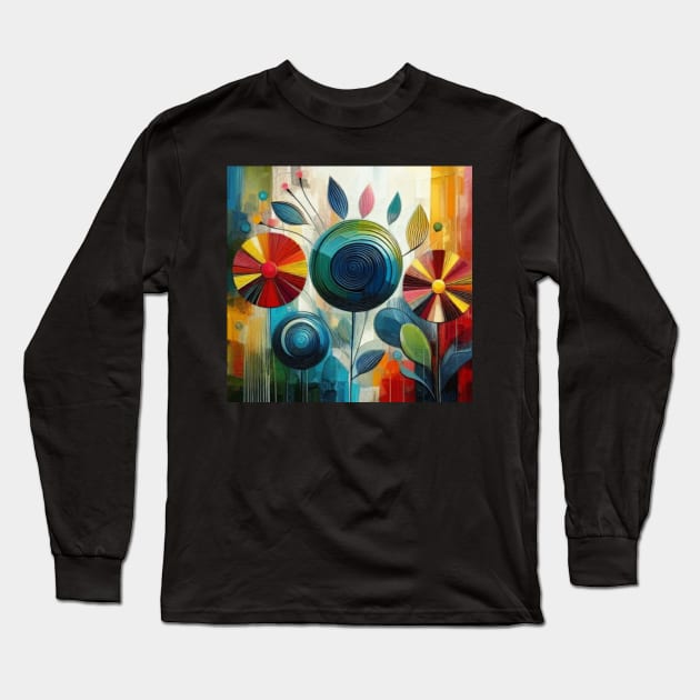 Abstract Blue Red Yellow Flower Long Sleeve T-Shirt by Siha Arts